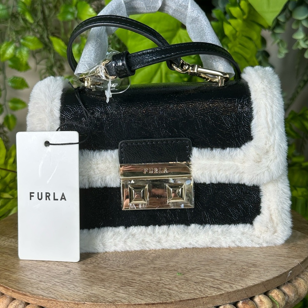 Furla Black Leather and Fur Mini Bag Handbag Crossbody bag
